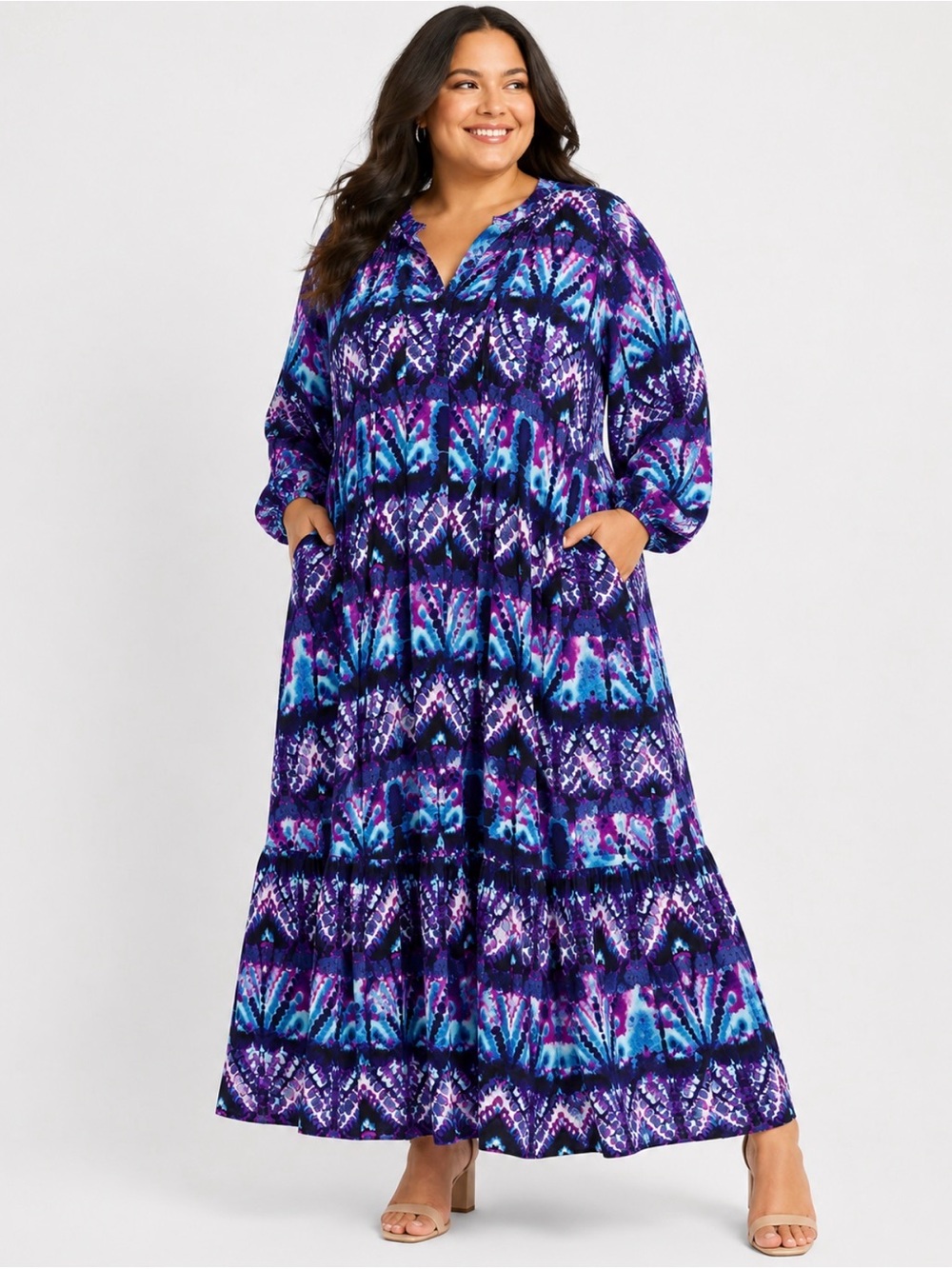Westbound Woman 3X Blue/Purple Abstract Print Tiered Maxi Dress - NWT